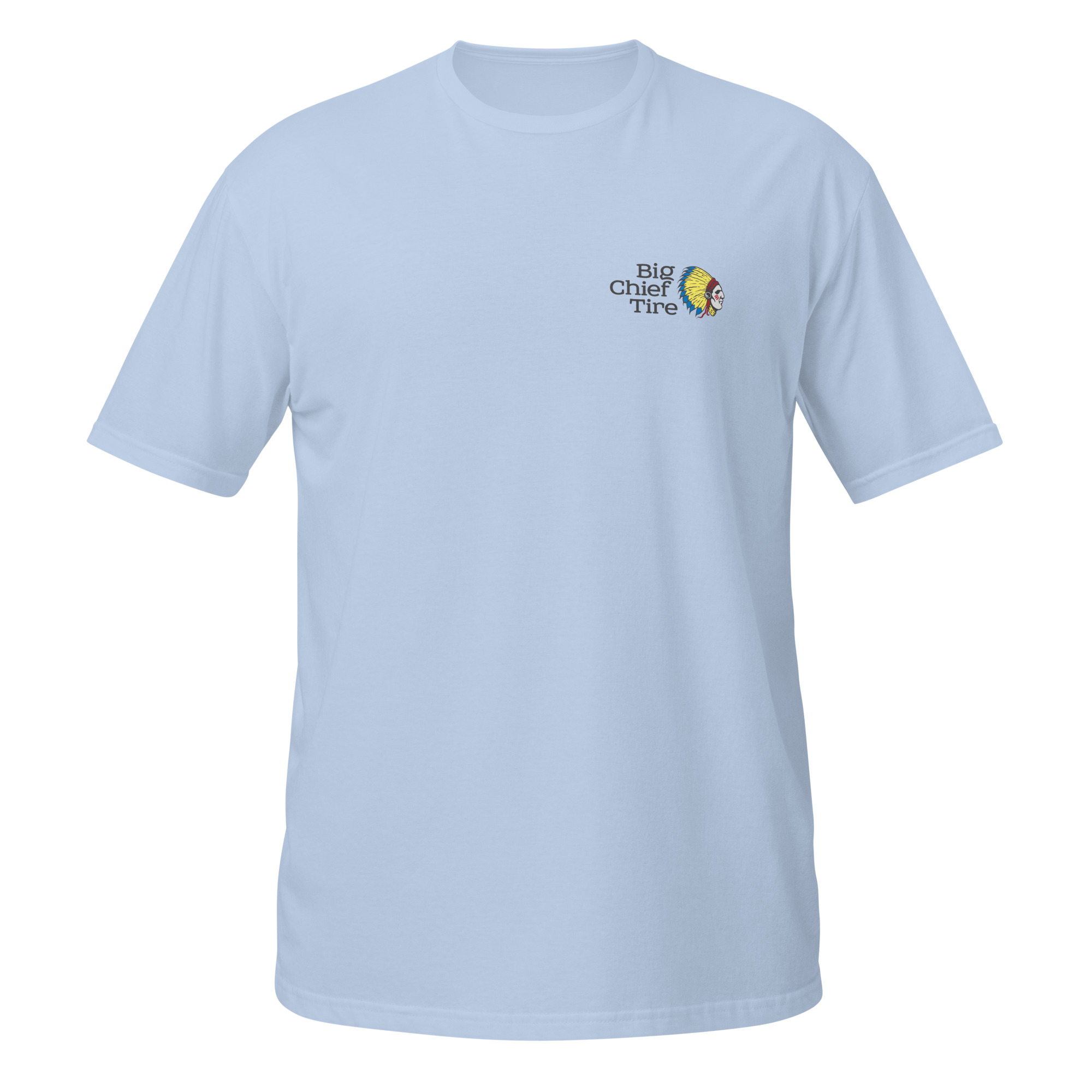 unisex-basic-softstyle-t-shirt-light-blue-front-6a6a735b24514.jpg Big Chief Tire - design idea 1 - Image 7